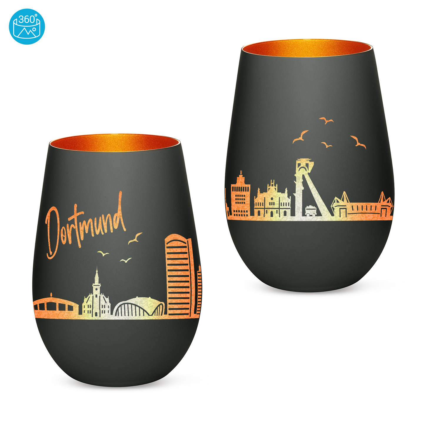 Hochwertiges Glas Windlicht mit Gravur "SKYLINE DORTMUND" in der Farbe Schwarz/Bronze