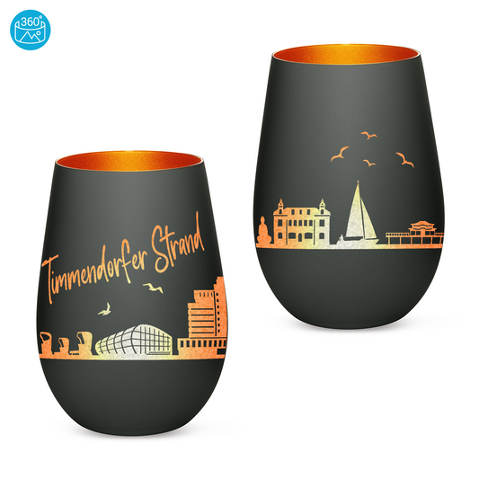 Hochwertiges Glas Windlicht mit Gravur "SKYLINE TIMMENDORFER STRAND" in der Farbe Schwarz/Bronze