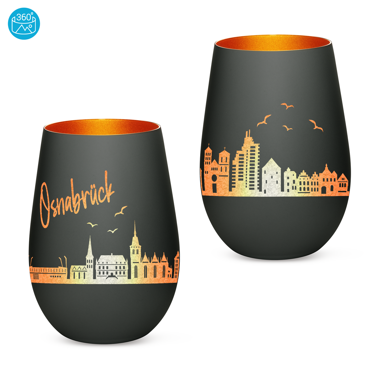 Hochwertiges Glas Windlicht mit Gravur "SKYLINE OSNABRÜCK" in der Farbe Schwarz/Bronze