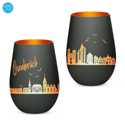 Hochwertiges Glas Windlicht mit Gravur "SKYLINE OSNABRÜCK" in der Farbe Schwarz/Bronze