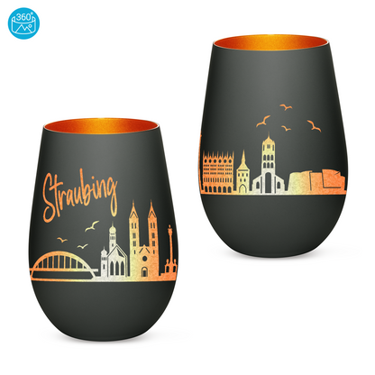 Hochwertiges Glas Windlicht mit Gravur "SKYLINE STRAUBING" in der Farbe Schwarz/Bronze