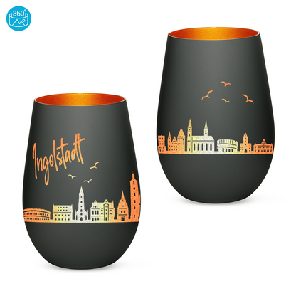 Hochwertiges Glas Windlicht mit Gravur "SKYLINE INGOLSTADT" in der Farbe Schwarz/Bronze