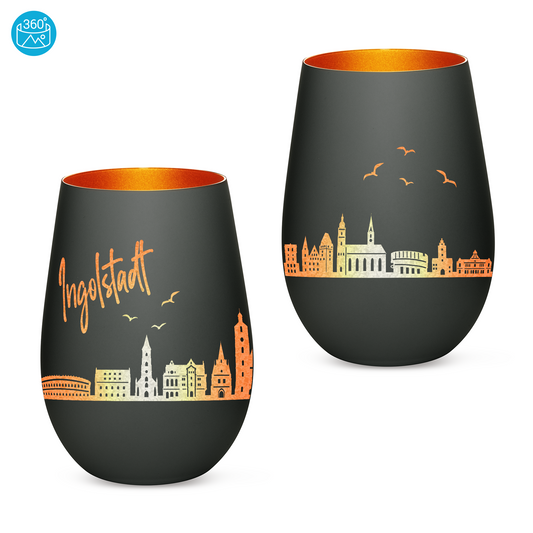 Hochwertiges Glas Windlicht mit Gravur "SKYLINE INGOLSTADT" in der Farbe Schwarz/Bronze