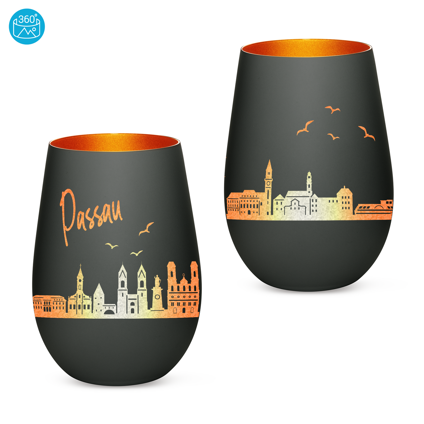 Hochwertiges Glas Windlicht mit Gravur "SKYLINE PASSAU" in der Farbe Schwarz/Bronze