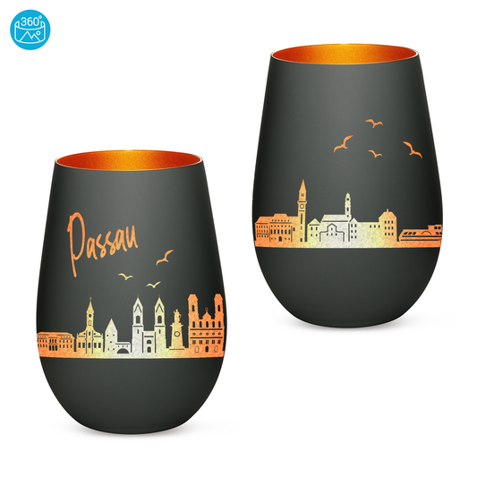 Hochwertiges Glas Windlicht mit Gravur "SKYLINE PASSAU" in der Farbe Schwarz/Bronze
