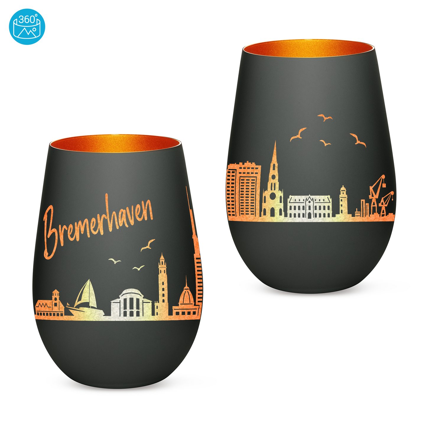 Hochwertiges Glas Windlicht mit Gravur "SKYLINE BREMERHAVEN" in der Farbe Schwarz/Bronze