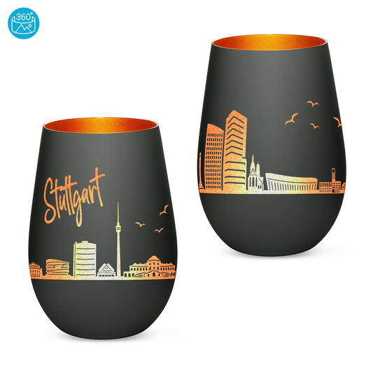 Hochwertiges Glas Windlicht mit Gravur "SKYLINE STUTTGART" in der Farbe Schwarz/Bronze