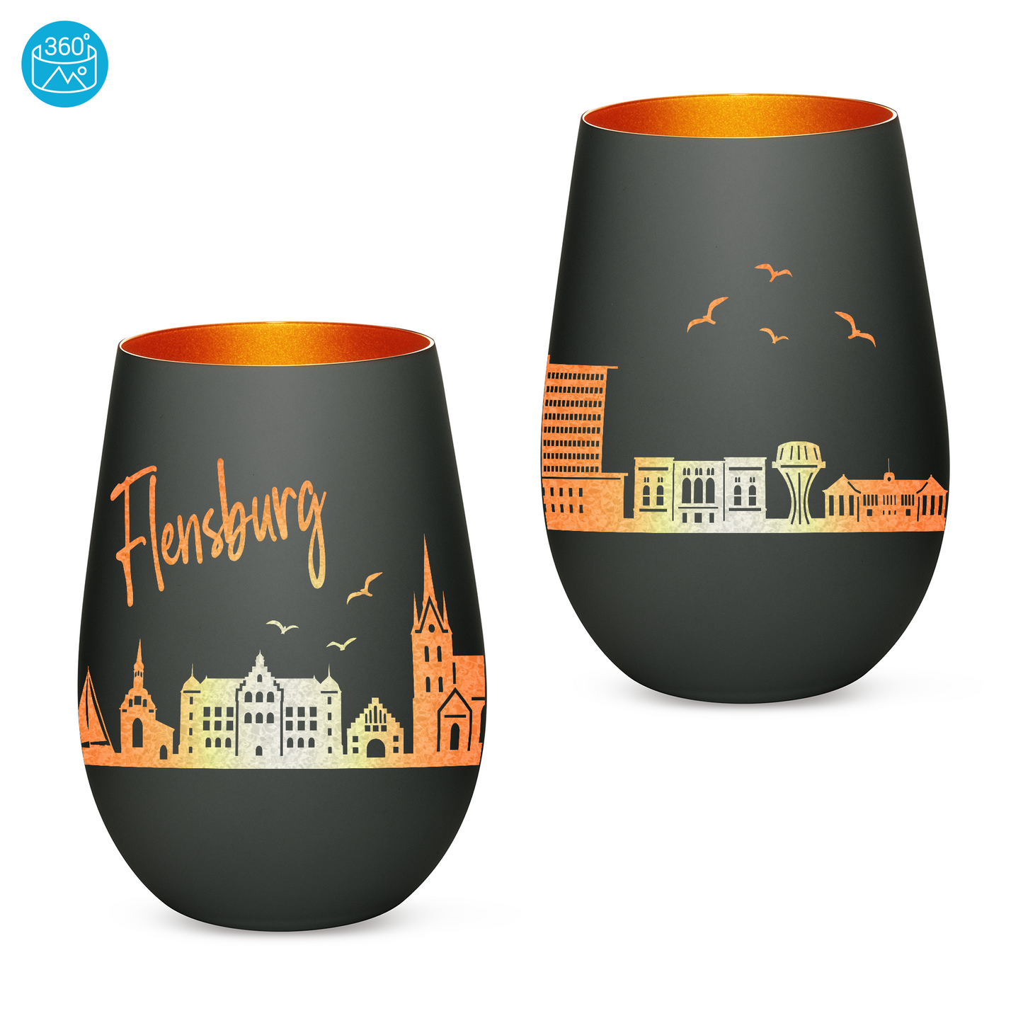 Hochwertiges Glas Windlicht mit Gravur "SKYLINE FLENSBURG" in der Farbe Schwarz/Bronze