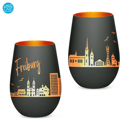 Hochwertiges Glas Windlicht mit Gravur "SKYLINE FREIBURG" in der Farbe Schwarz/Bronze