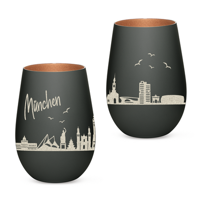 Hochwertiges Glas Windlicht mit Gravur "SKYLINE MÜNCHEN" in der Farbe Schwarz/Bronze