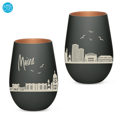 Hochwertiges Glas Windlicht mit Gravur "SKYLINE MAINZ" in der Farbe Schwarz/Bronze