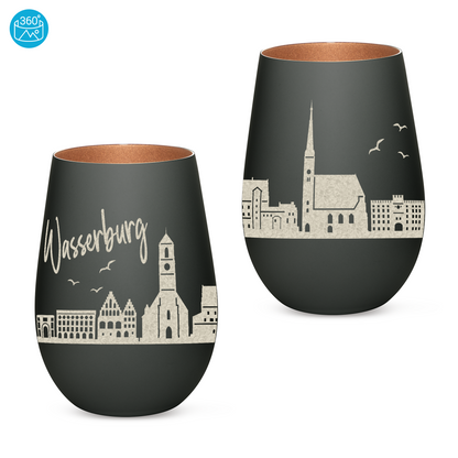 Hochwertiges Glas Windlicht mit Gravur "SKYLINE WASSERBURG" in der Farbe Schwarz/Bronze
