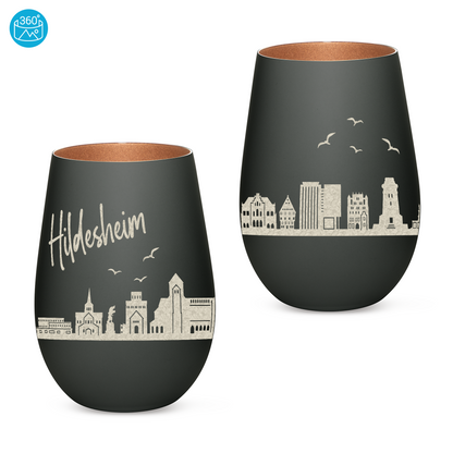 Hochwertiges Glas Windlicht mit Gravur "SKYLINE HILDESHEIM" in der Farbe Schwarz/Bronze