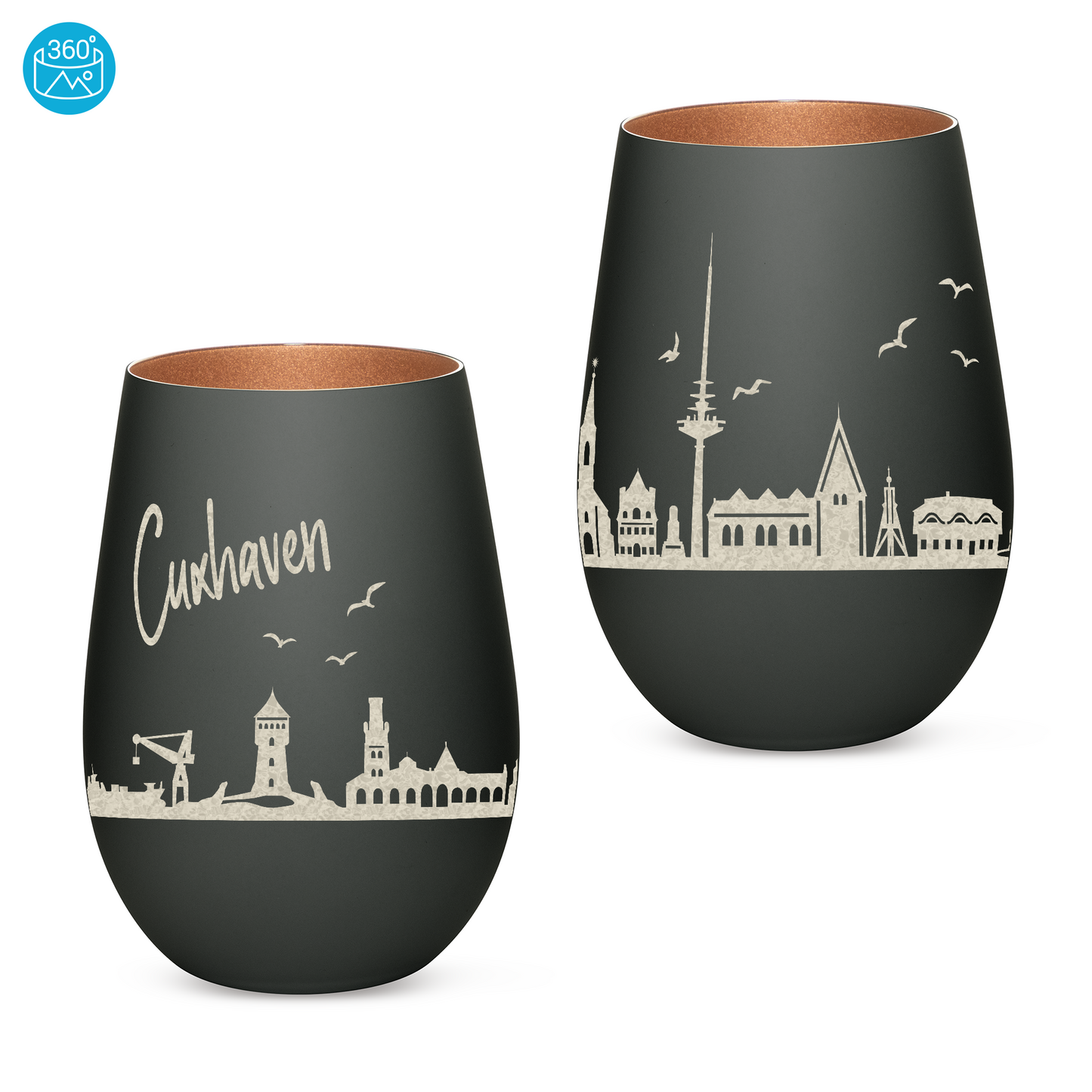 Hochwertiges Glas Windlicht mit Gravur "SKYLINE CUXHAVEN" in der Farbe Schwarz/Bronze