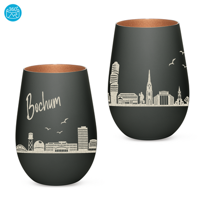 Hochwertiges Glas Windlicht mit Gravur "SKYLINE BOCHUM" in der Farbe Schwarz/Bronze