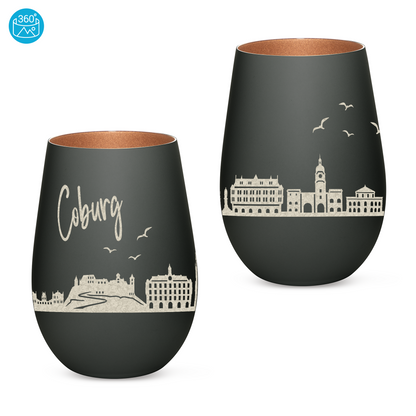 Hochwertiges Glas Windlicht mit Gravur "SKYLINE COBURG" in der Farbe Schwarz/Bronze