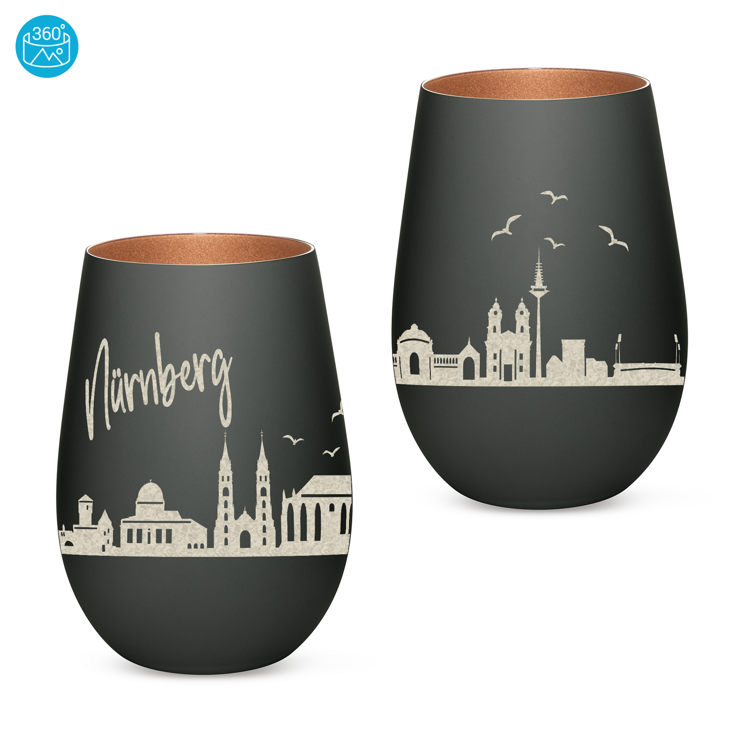 Hochwertiges Glas Windlicht mit Gravur "SKYLINE NÜRNBERG" in der Farbe Schwarz/Bronze