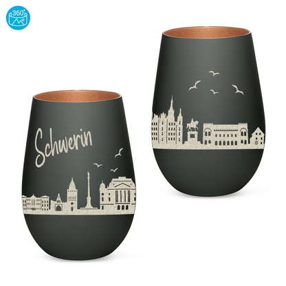 Hochwertiges Glas Windlicht mit Gravur "SKYLINE SCHWERIN" in der Farbe Schwarz/Bronze