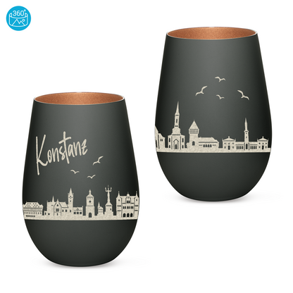Hochwertiges Glas Windlicht mit Gravur "SKYLINE KONSTANZ" in der Farbe Schwarz/Bronze