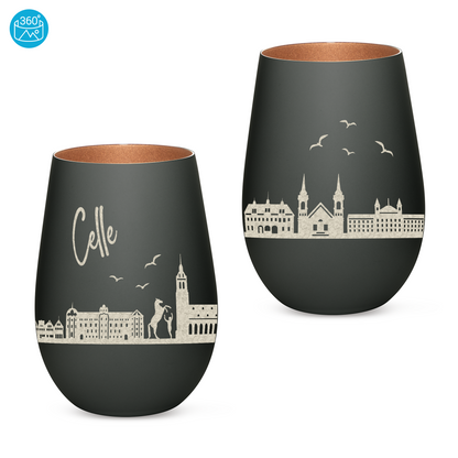 Hochwertiges Glas Windlicht mit Gravur "SKYLINE CELLE" in der Farbe Schwarz/Bronze