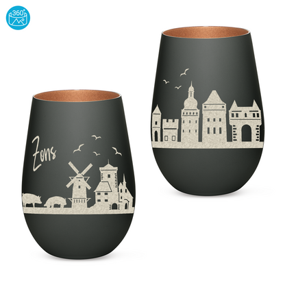 Hochwertiges Glas Windlicht mit Gravur "SKYLINE ZONS (DORMAGEN)" in der Farbe Schwarz/Bronze