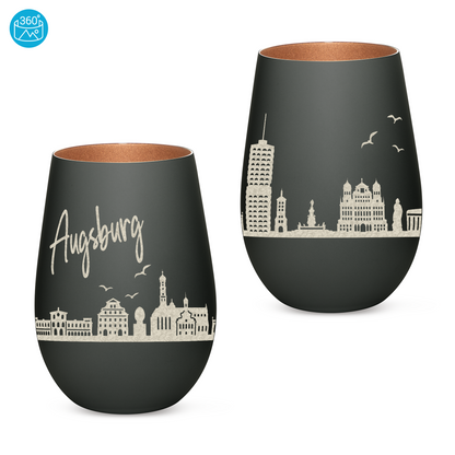 Hochwertiges Glas Windlicht mit Gravur "SKYLINE AUGSBURG" in der Farbe Schwarz/Bronze