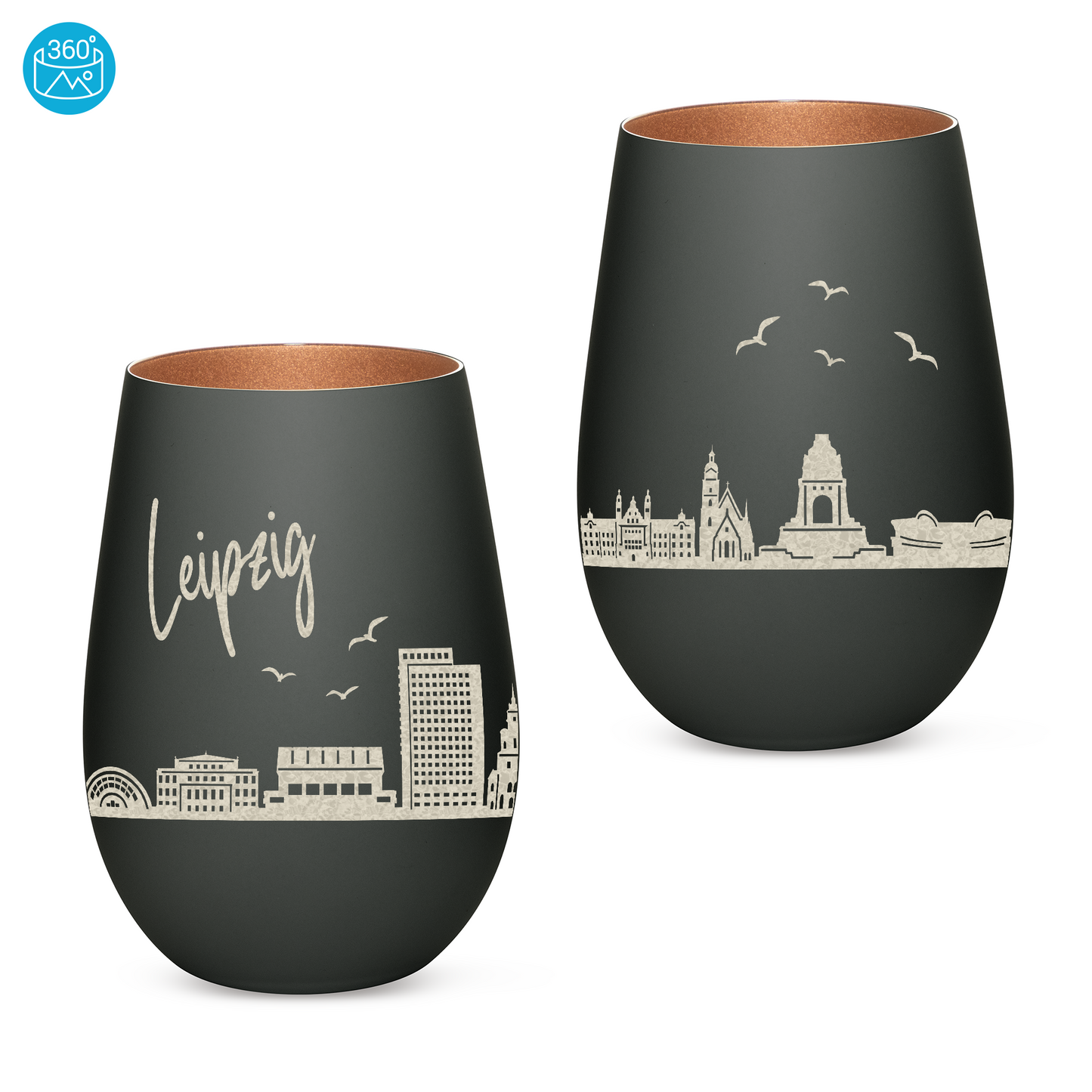 Hochwertiges Glas Windlicht mit Gravur "SKYLINE LEIPZIG" in der Farbe Schwarz/Bronze
