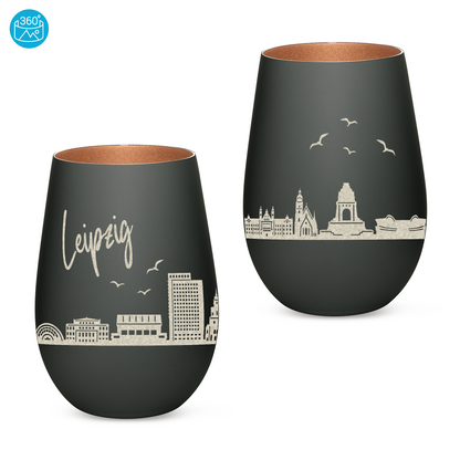 Hochwertiges Glas Windlicht mit Gravur "SKYLINE LEIPZIG" in der Farbe Schwarz/Bronze