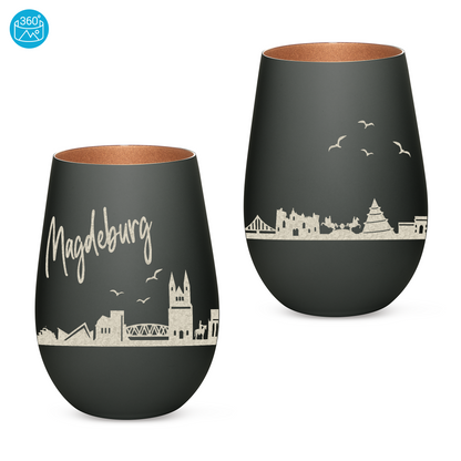 Hochwertiges Glas Windlicht mit Gravur "SKYLINE MAGDEBURG" in der Farbe Schwarz/Bronze