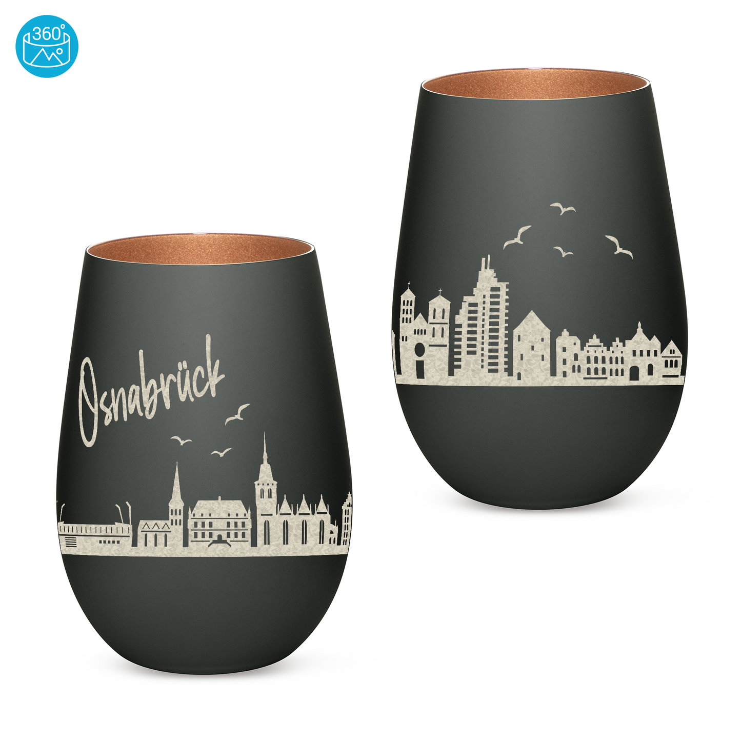 Hochwertiges Glas Windlicht mit Gravur "SKYLINE OSNABRÜCK" in der Farbe Schwarz/Bronze