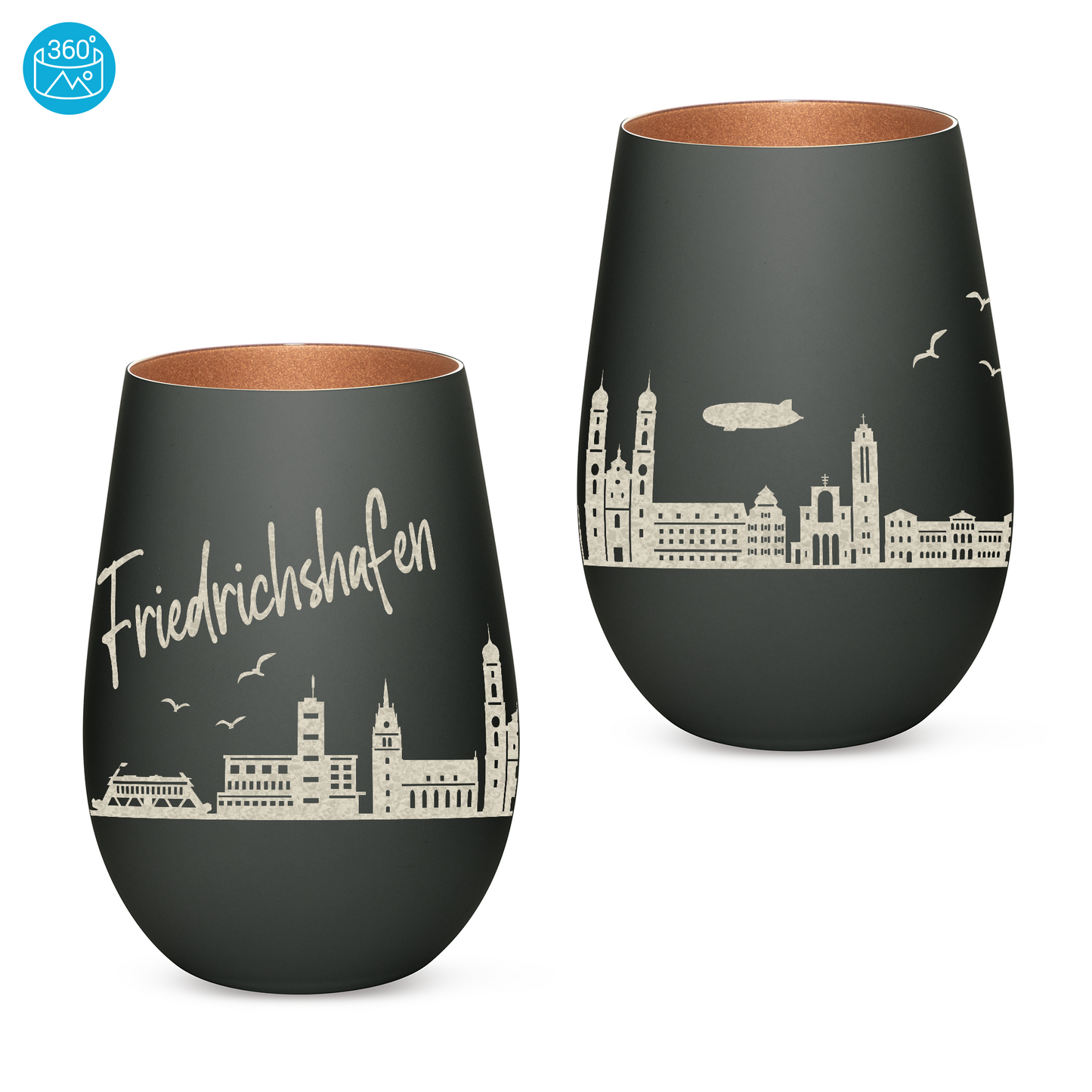 Hochwertiges Glas Windlicht mit Gravur "SKYLINE FRIEDRICHSHAFEN" in der Farbe Schwarz/Bronze