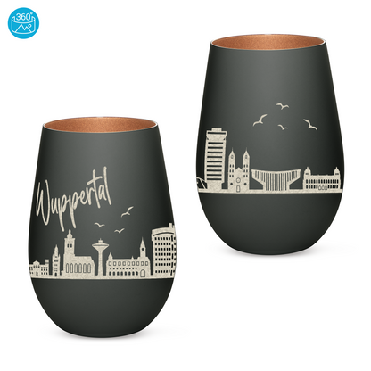 Hochwertiges Glas Windlicht mit Gravur "SKYLINE WUPPERTAL" in der Farbe Schwarz/Bronze