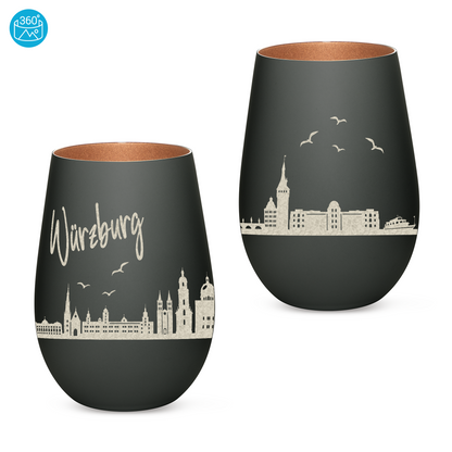 Hochwertiges Glas Windlicht mit Gravur "SKYLINE WÜRZBURG" in der Farbe Schwarz/Bronze