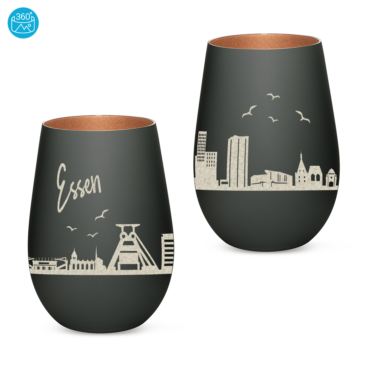 Hochwertiges Glas Windlicht mit Gravur "SKYLINE ESSEN" in der Farbe Schwarz/Bronze