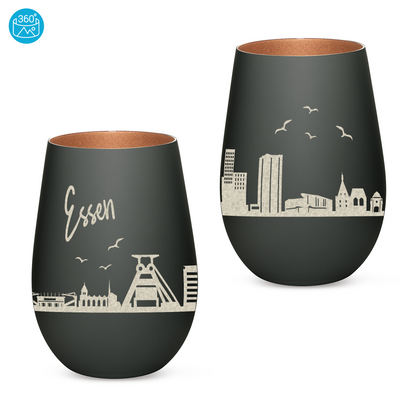 Hochwertiges Glas Windlicht mit Gravur "SKYLINE ESSEN" in der Farbe Schwarz/Bronze