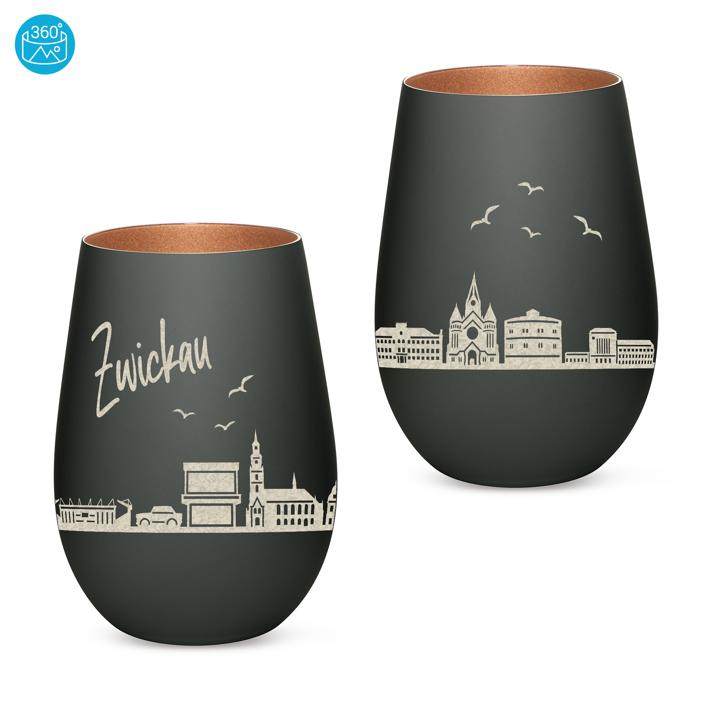 Hochwertiges Glas Windlicht mit Gravur "SKYLINE ZWICKAU" in der Farbe Schwarz/Bronze