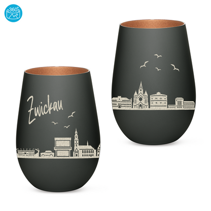 Hochwertiges Glas Windlicht mit Gravur "SKYLINE ZWICKAU" in der Farbe Schwarz/Bronze