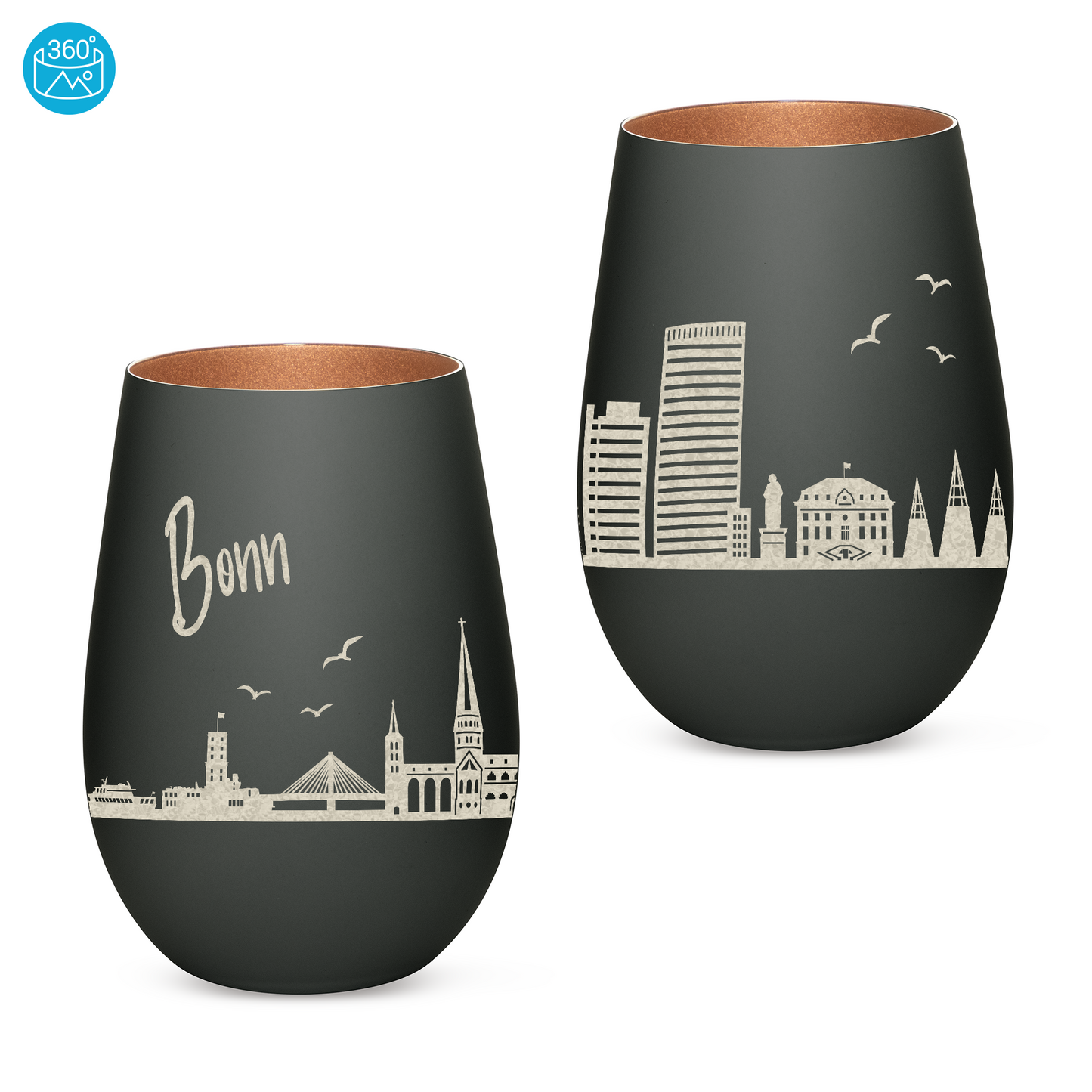 Hochwertiges Glas Windlicht mit Gravur "SKYLINE BONN" in der Farbe Schwarz/Bronze