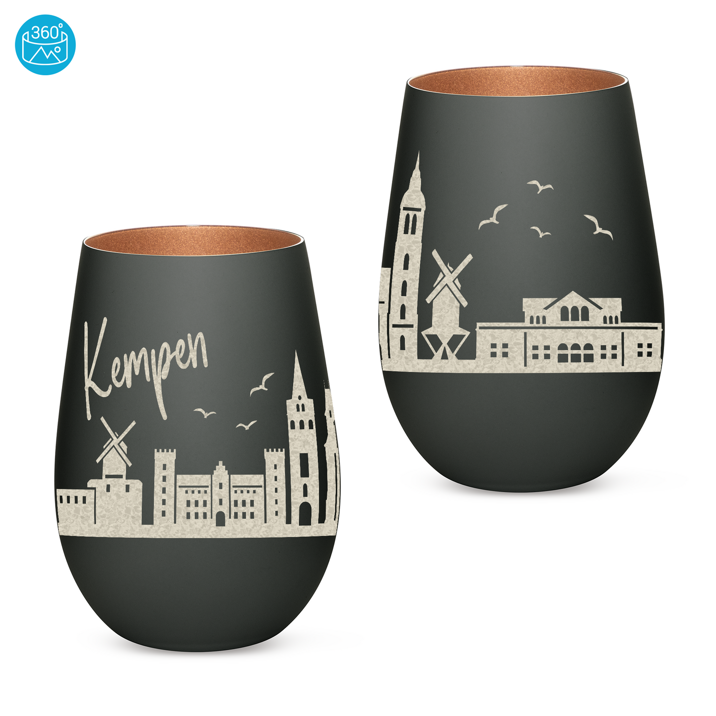 Hochwertiges Glas Windlicht mit Gravur "SKYLINE KEMPEN" in der Farbe Schwarz/Bronze