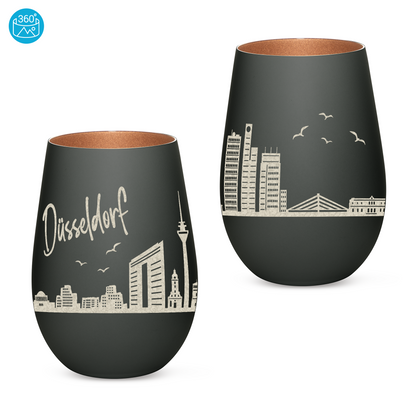 Hochwertiges Glas Windlicht mit Gravur "SKYLINE DÜSSELDORF" in der Farbe Schwarz/Bronze