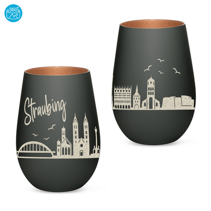 Hochwertiges Glas Windlicht mit Gravur "SKYLINE STRAUBING" in der Farbe Schwarz/Bronze