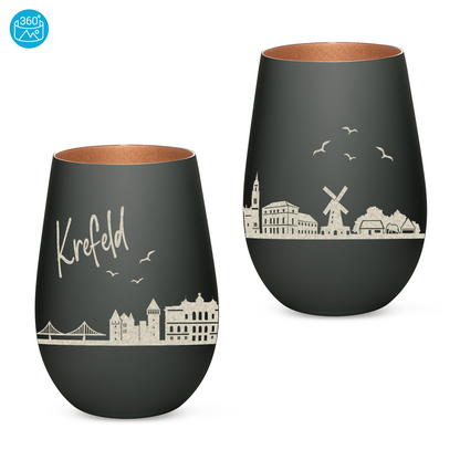 Hochwertiges Glas Windlicht mit Gravur "SKYLINE KREFELD" in der Farbe Schwarz/Bronze