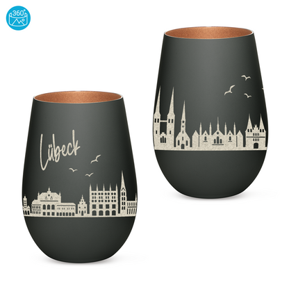 Hochwertiges Glas Windlicht mit Gravur "SKYLINE LÜBECK" in der Farbe Schwarz/Bronze