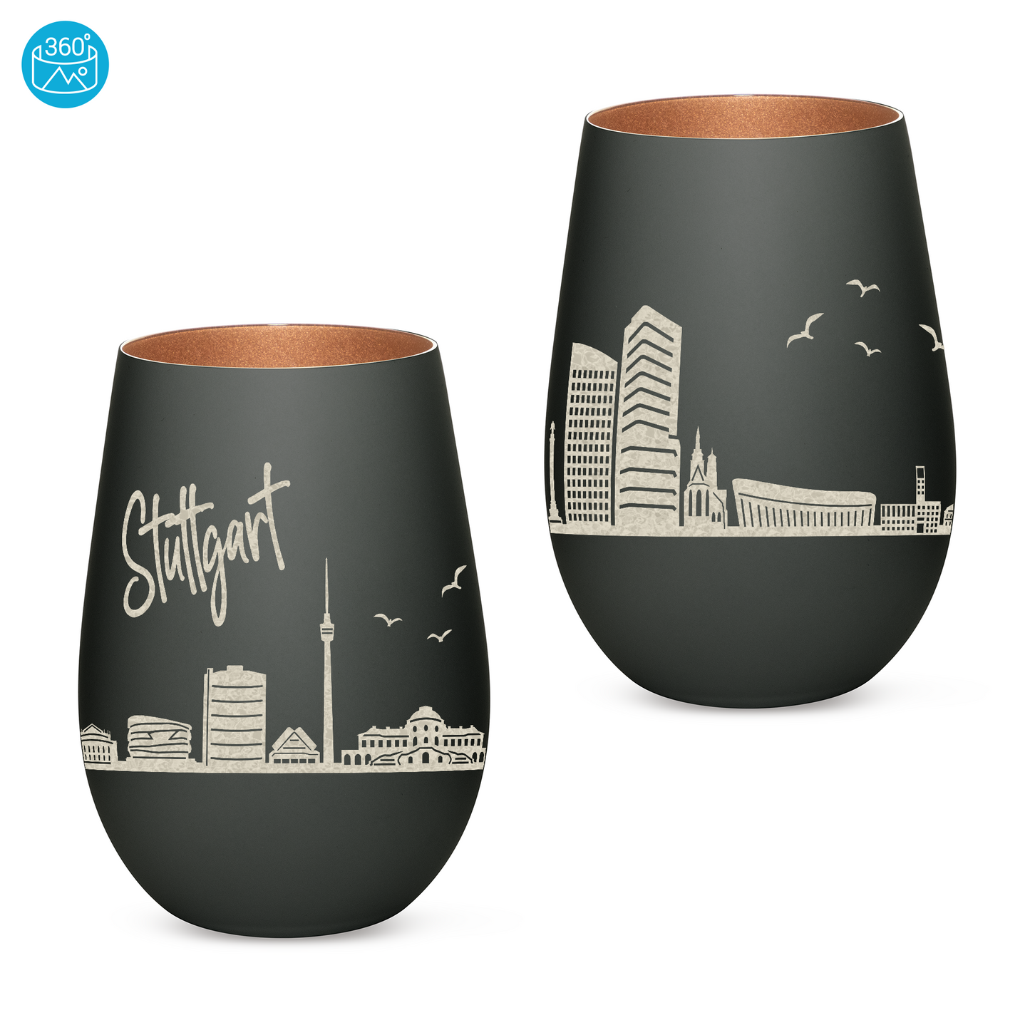 Hochwertiges Glas Windlicht mit Gravur "SKYLINE STUTTGART" in der Farbe Schwarz/Bronze