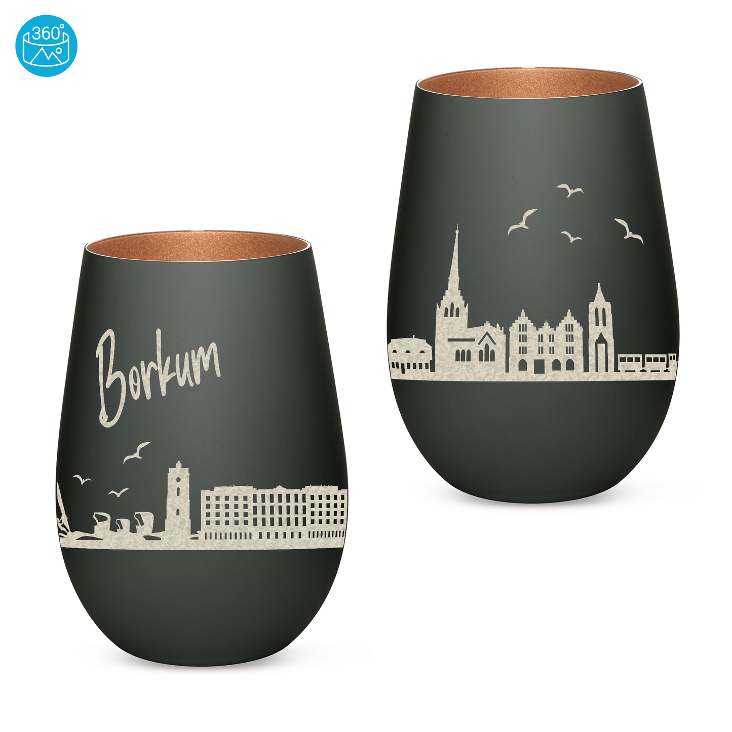Hochwertiges Glas Windlicht mit Gravur "SKYLINE BORKUM" in der Farbe Schwarz/Bronze