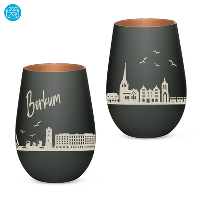 Hochwertiges Glas Windlicht mit Gravur "SKYLINE BORKUM" in der Farbe Schwarz/Bronze