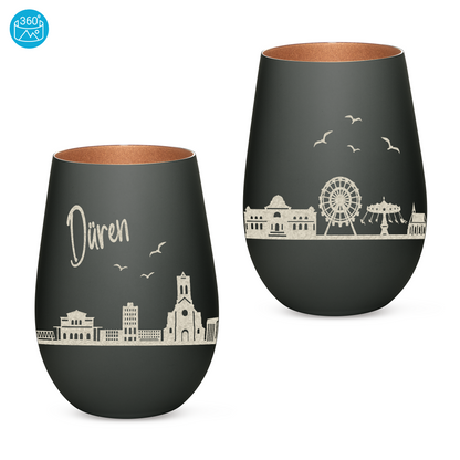 Hochwertiges Glas Windlicht mit Gravur "SKYLINE DÜREN" in der Farbe Schwarz/Bronze