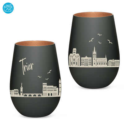 Hochwertiges Glas Windlicht mit Gravur "SKYLINE TRIER" in der Farbe Schwarz/Bronze