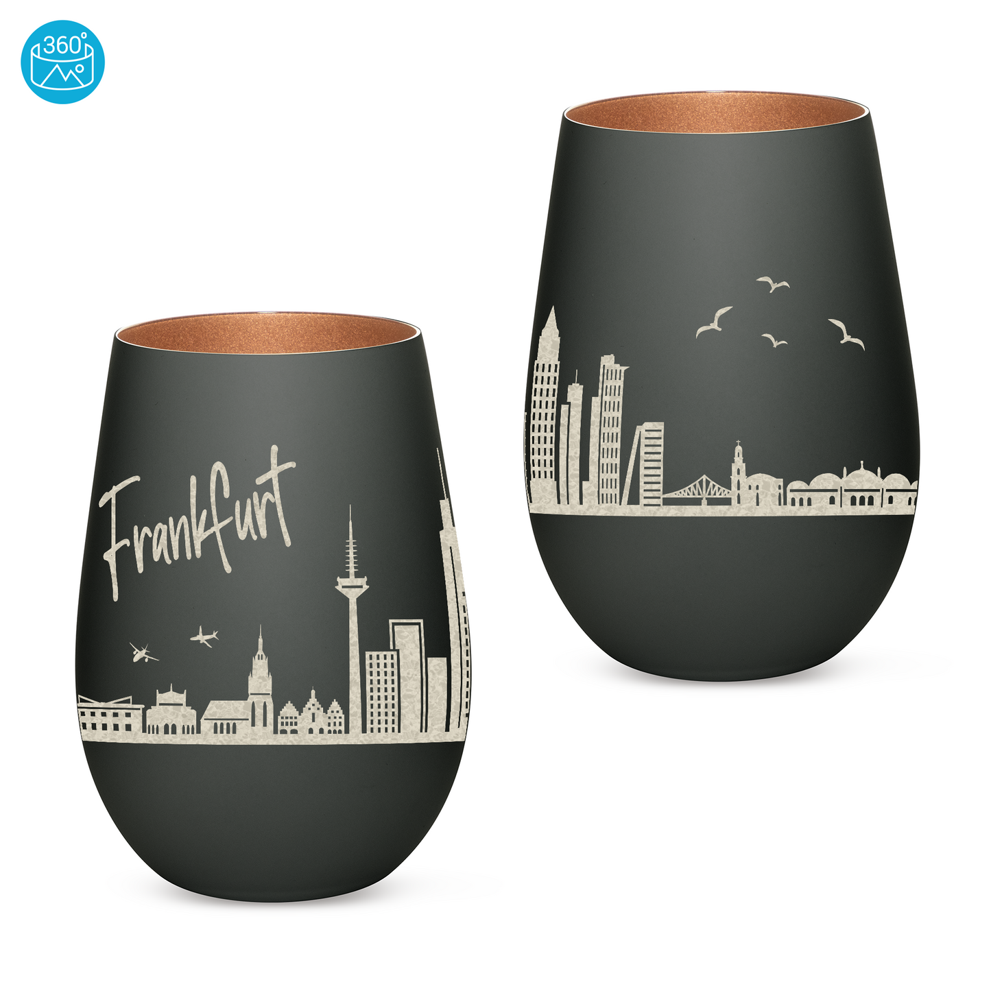 Hochwertiges Glas Windlicht mit Gravur "SKYLINE FRANKFURT" in der Farbe Schwarz/Bronze