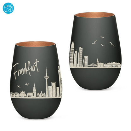 Hochwertiges Glas Windlicht mit Gravur "SKYLINE FRANKFURT" in der Farbe Schwarz/Bronze